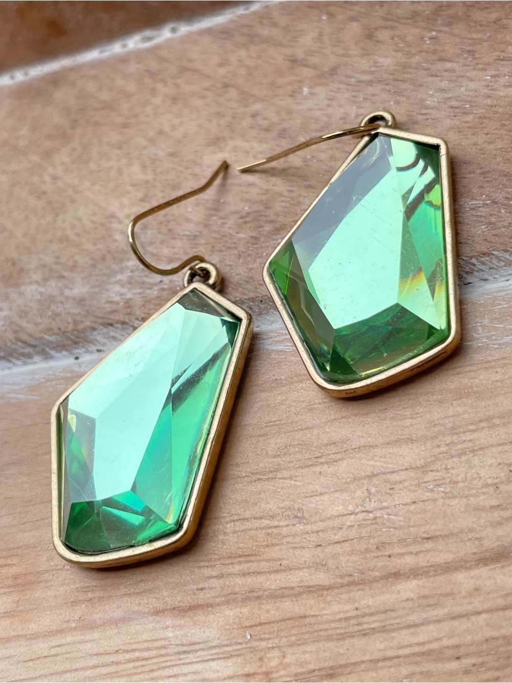 Gold-Trim Green / Aqua Crystal Faceted Glass Drop Earrings - Womens Jewelry - Picture 5 of 6